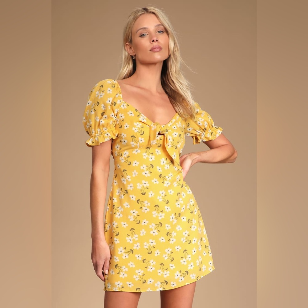 Blooming Bouquet Yellow Floral Lace-Up Tie-Front Mini Dress